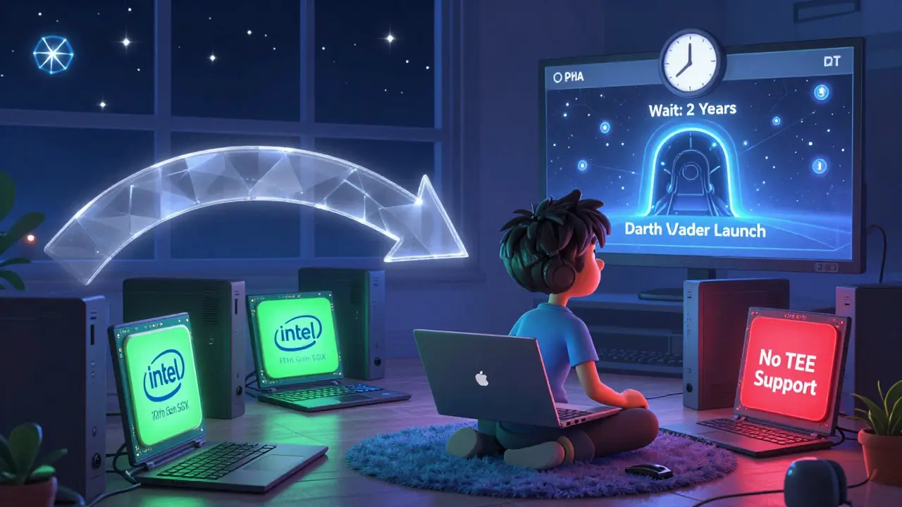 A person surrounded by laptops, one working with SGX/SEV, pointing toward a distant portal labeled 'Darth Vader Launch' with a long wait clock.