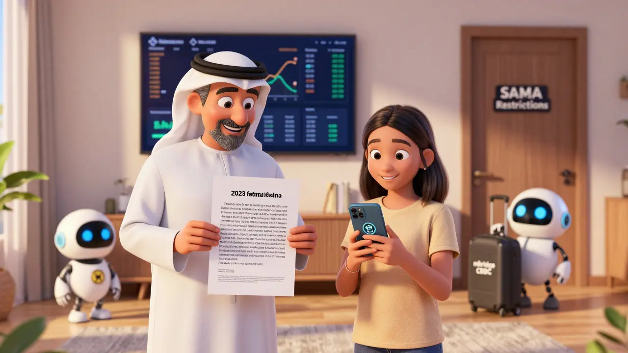 A Saudi family discusses crypto legality and security, with a fatwa and crypto charts visible, as a robot mascot rolls by.