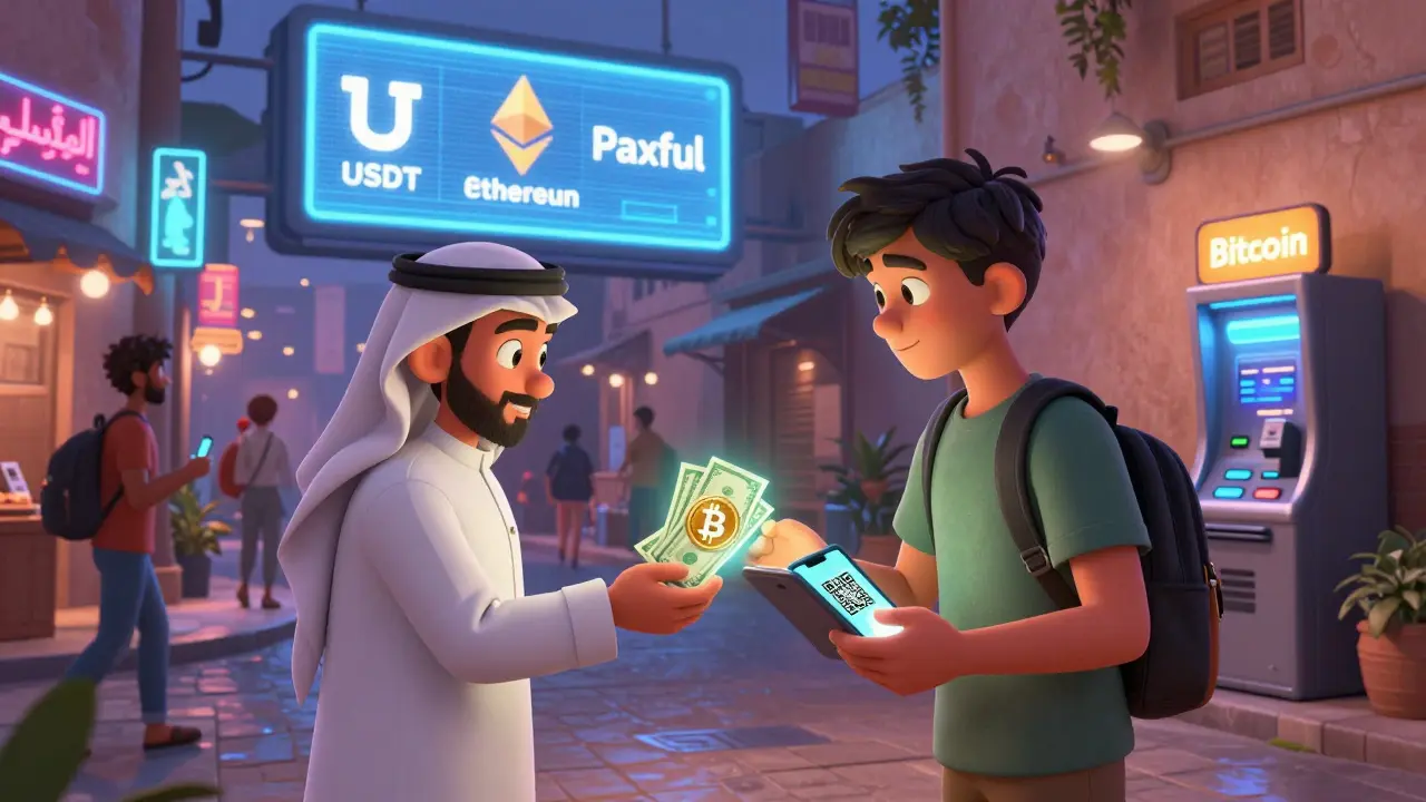 A Saudi teen conducts a P2P crypto trade for cash in a dimly lit alley, with a crypto ATM and digital token display in the background.