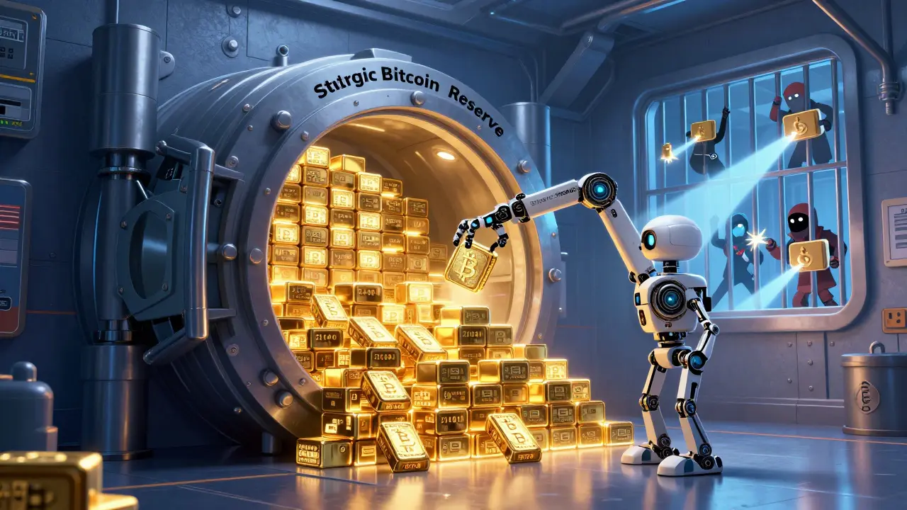A secure vault filled with glowing Bitcoin blocks, with a robotic arm adding more from seized criminal assets.