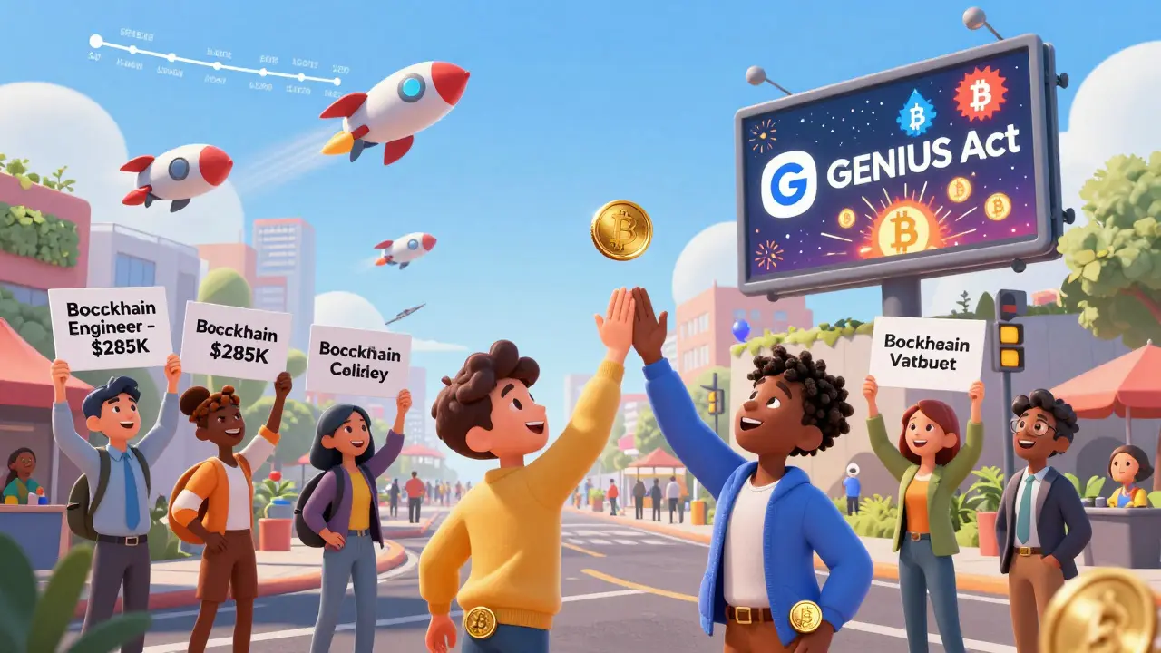 A vibrant Silicon Valley street festival celebrating crypto jobs and the GENIUS Act with floating Bitcoin symbols.