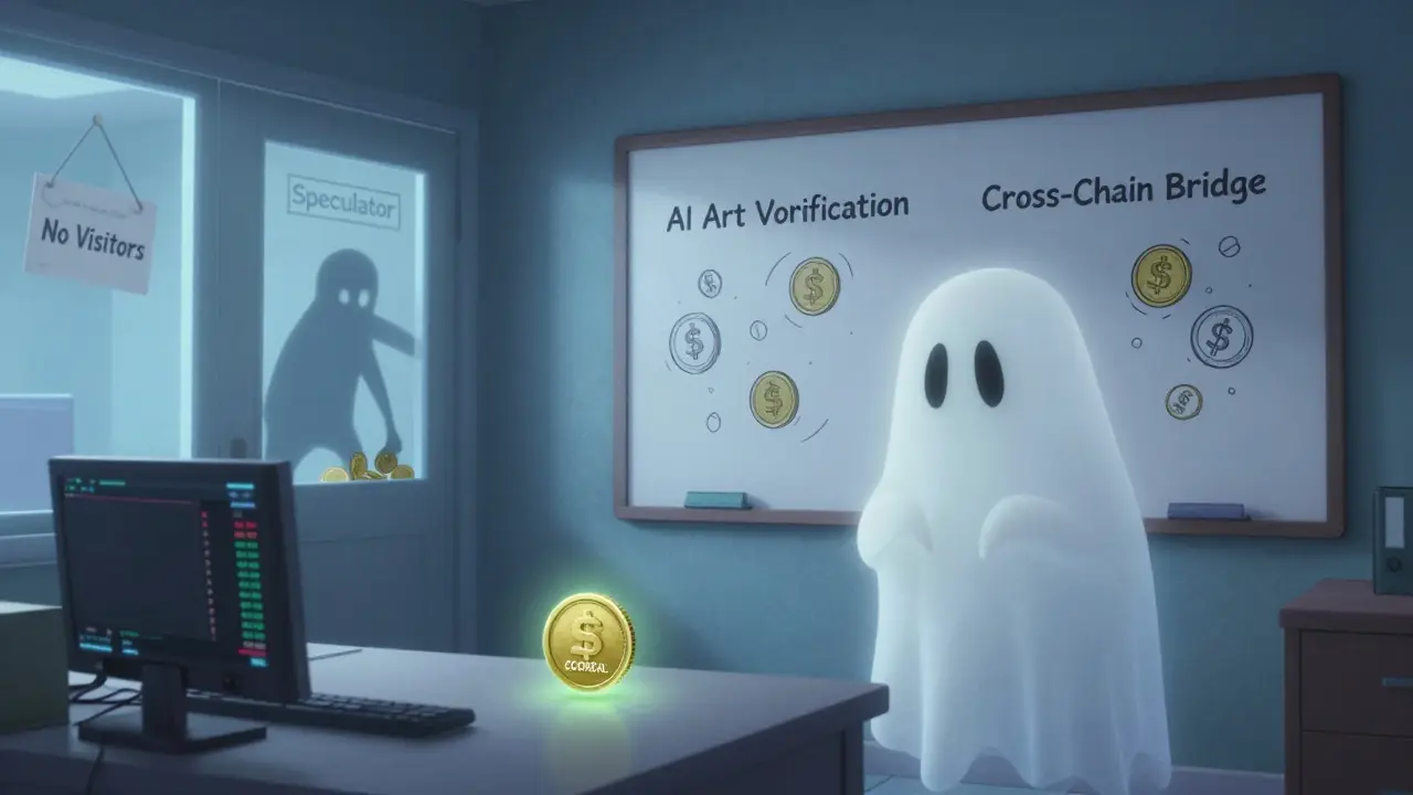 An empty crypto office with a spinning ECOREAL token and conflicting price charts on a cracked monitor, under a 'No Visitors' sign.