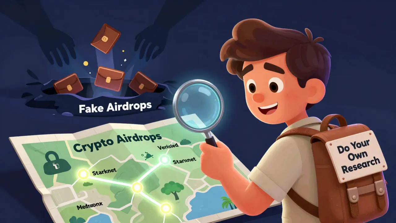 An explorer points to verified crypto airdrops on a map, while fake airdrops drain wallets in a dark pit behind.