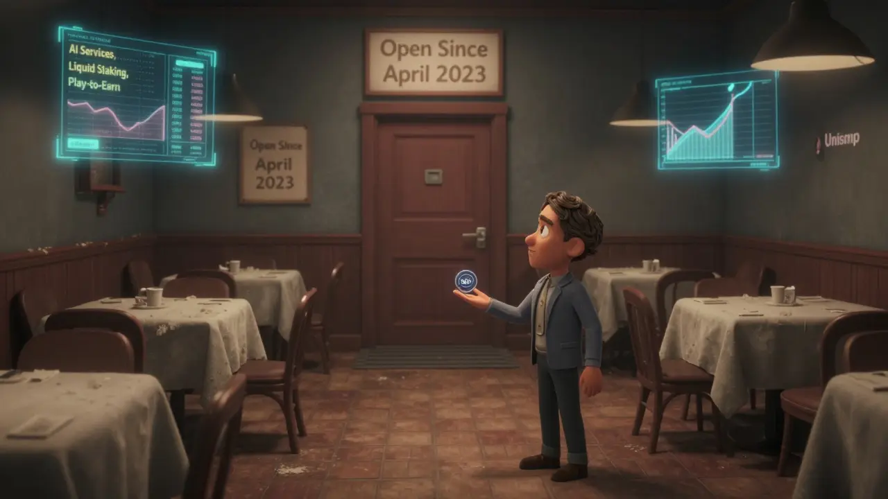 An investor stares at a locked restaurant with a fancy crypto menu, dust covering the tables and holograms flickering in the background.