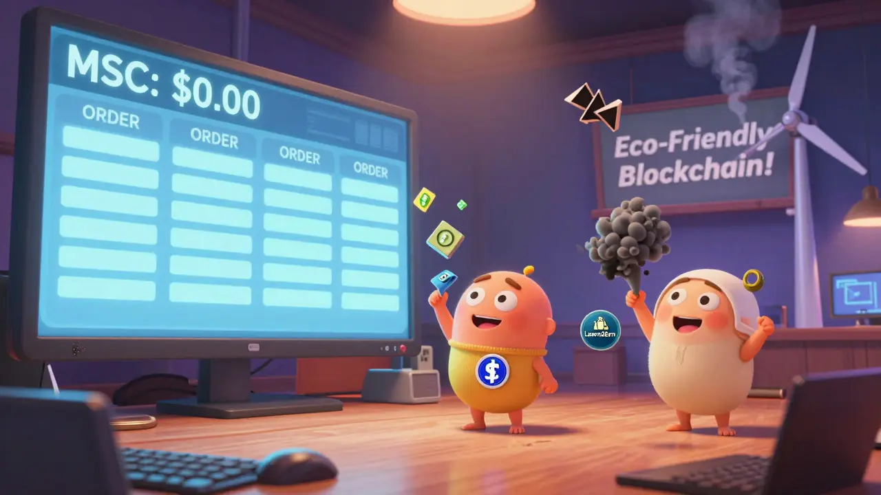 Animated users trying to trade vanished MSC tokens at an empty crypto exchange.