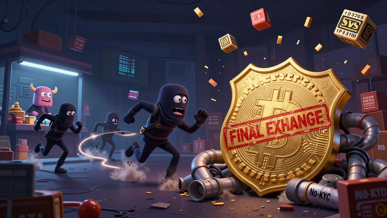 Cartoon criminals flee as a giant police badge crushes a web of no-KYC crypto pipes, with data cubes raining down.