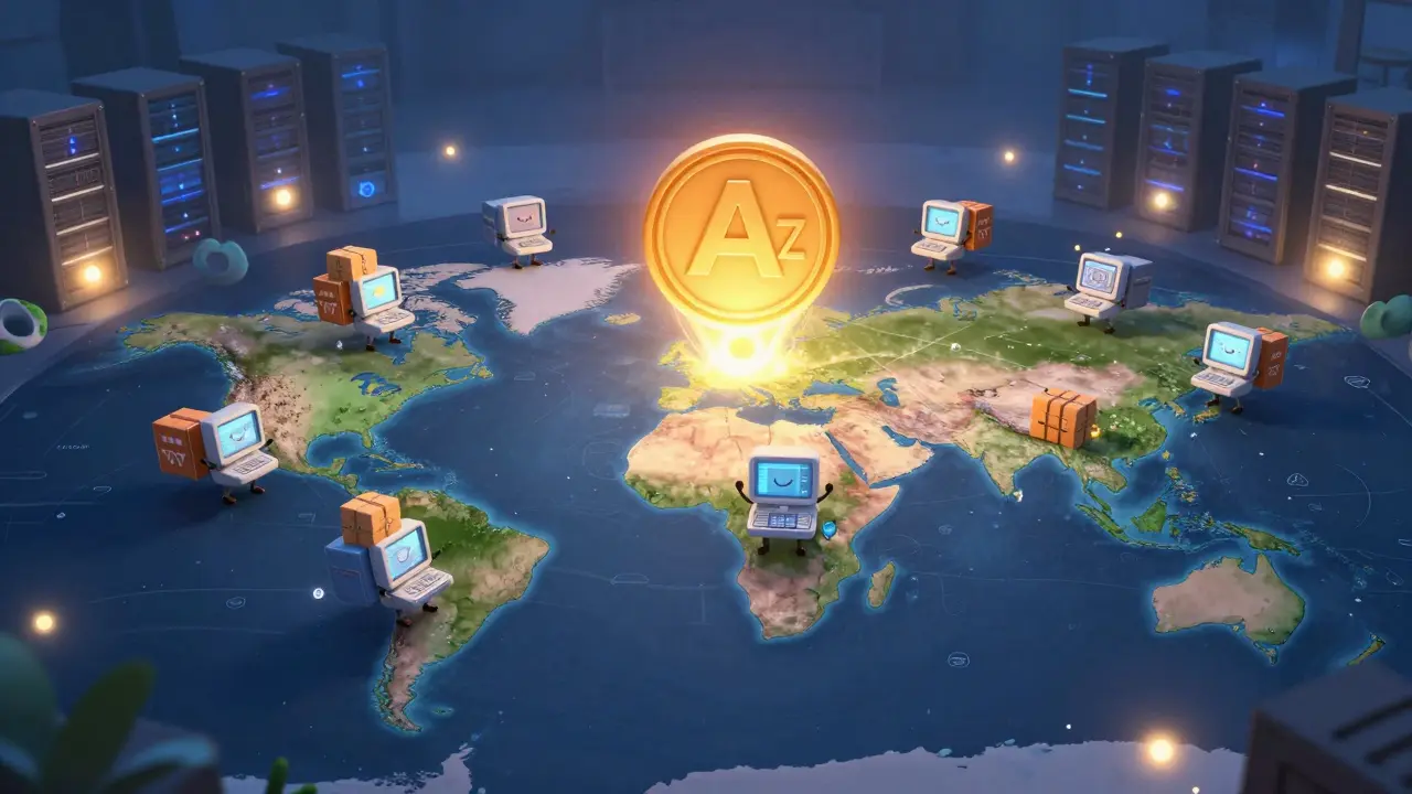 Cute anthropomorphic computers delivering video and AI data across a glowing global map, replacing old server farms.