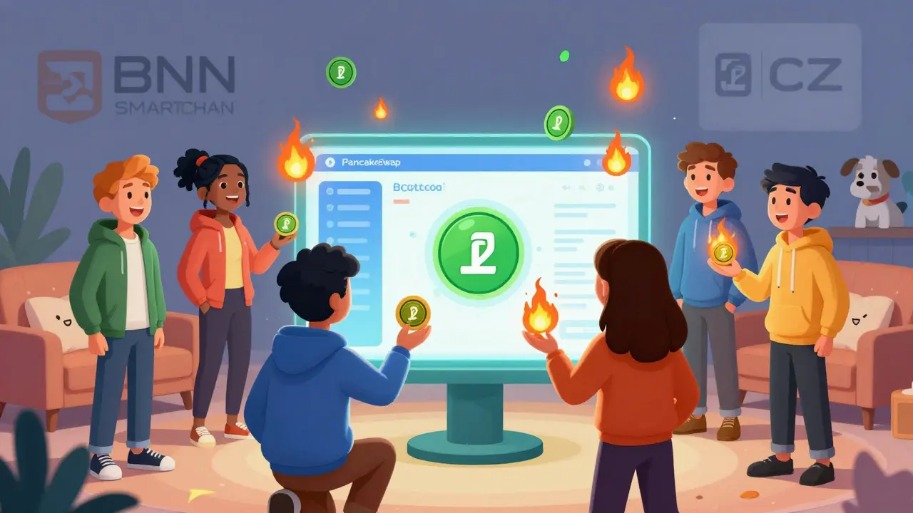 Diverse traders gathered around a glowing PancakeSwap screen, exchanging BROCCOLI tokens with tiny burning flames in the air.