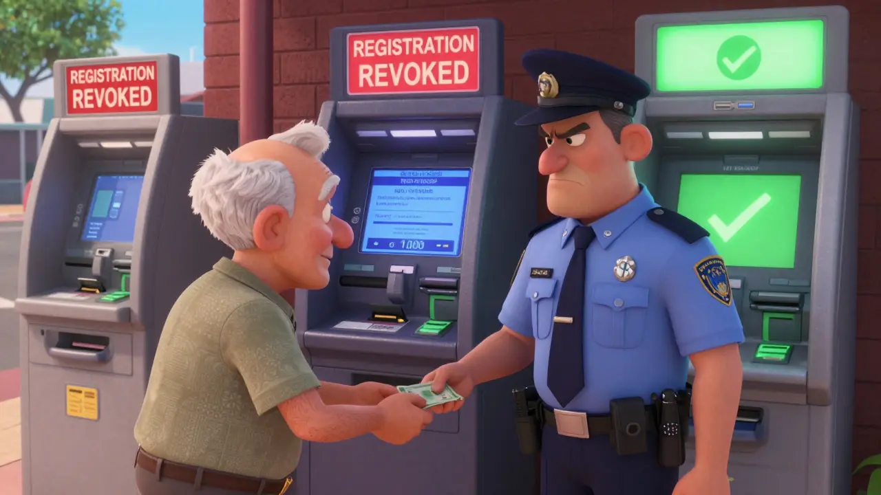 Elderly man using a crypto ATM with AUSTRAC inspector checking ID, two shut-down ATMs in background, one compliant green ATM.