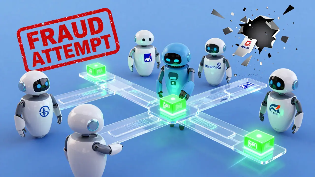 Friendly insurer robots connect data blocks on a glowing blockchain, rejecting a fraudulent attempt with a burst of pixels.