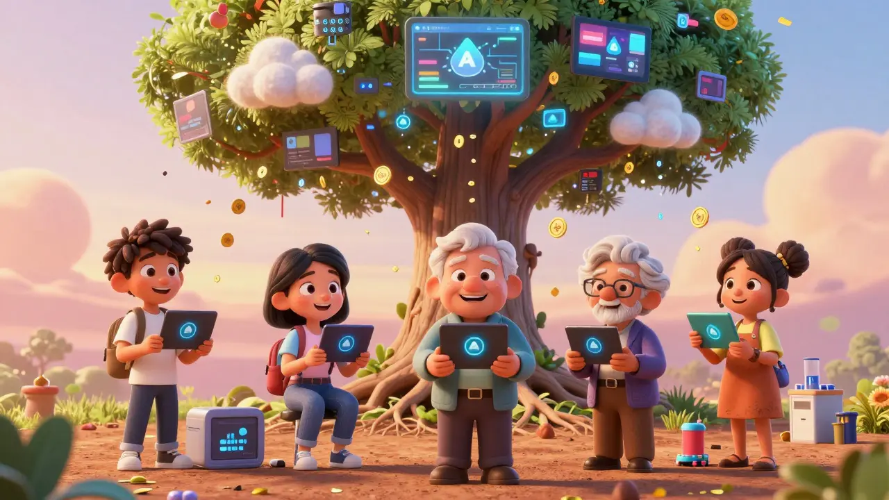 People smiling as AIOZ tokens rain down while a digital tree of streaming and AI branches grows from their devices.