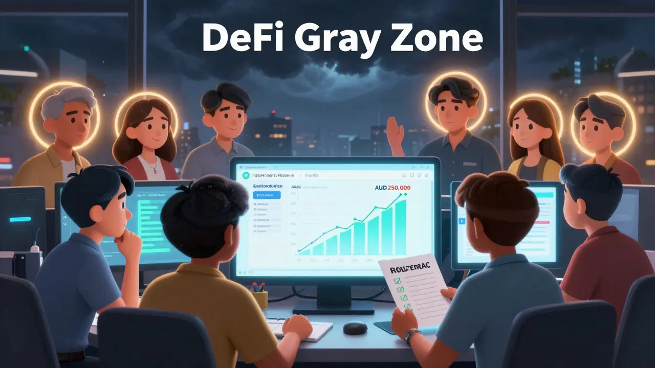 Small startup team reviewing compliance dashboard with rising costs, AUSTRAC letter in hand, competitors glowing in background.