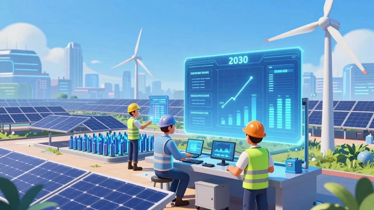 Solar-powered mining facility with holographic timeline display