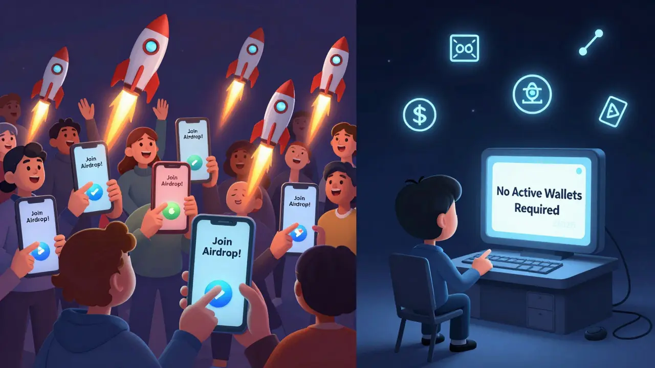 Split scene: 2021 users clicking for free tokens vs. 2026 user facing complex blockchain requirements.