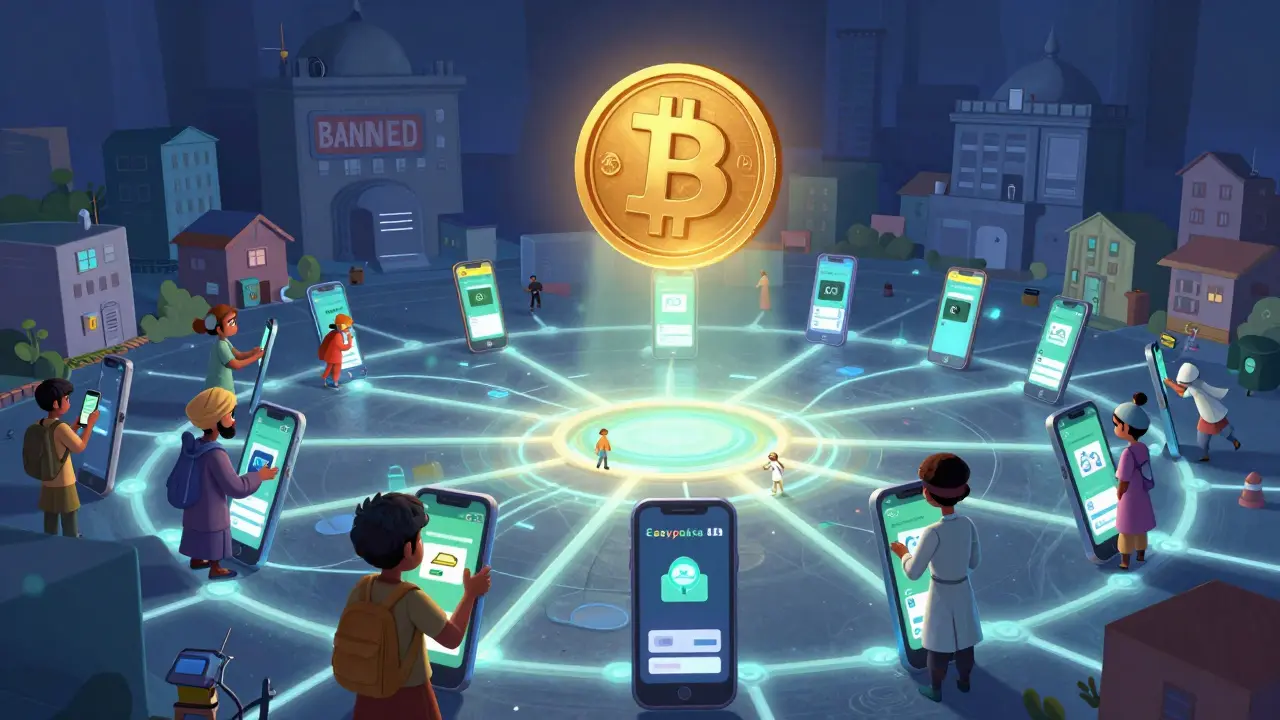 Thousands of phones connected by glowing digital pathways, with USDT coin shining like a sun over rural Pakistan.