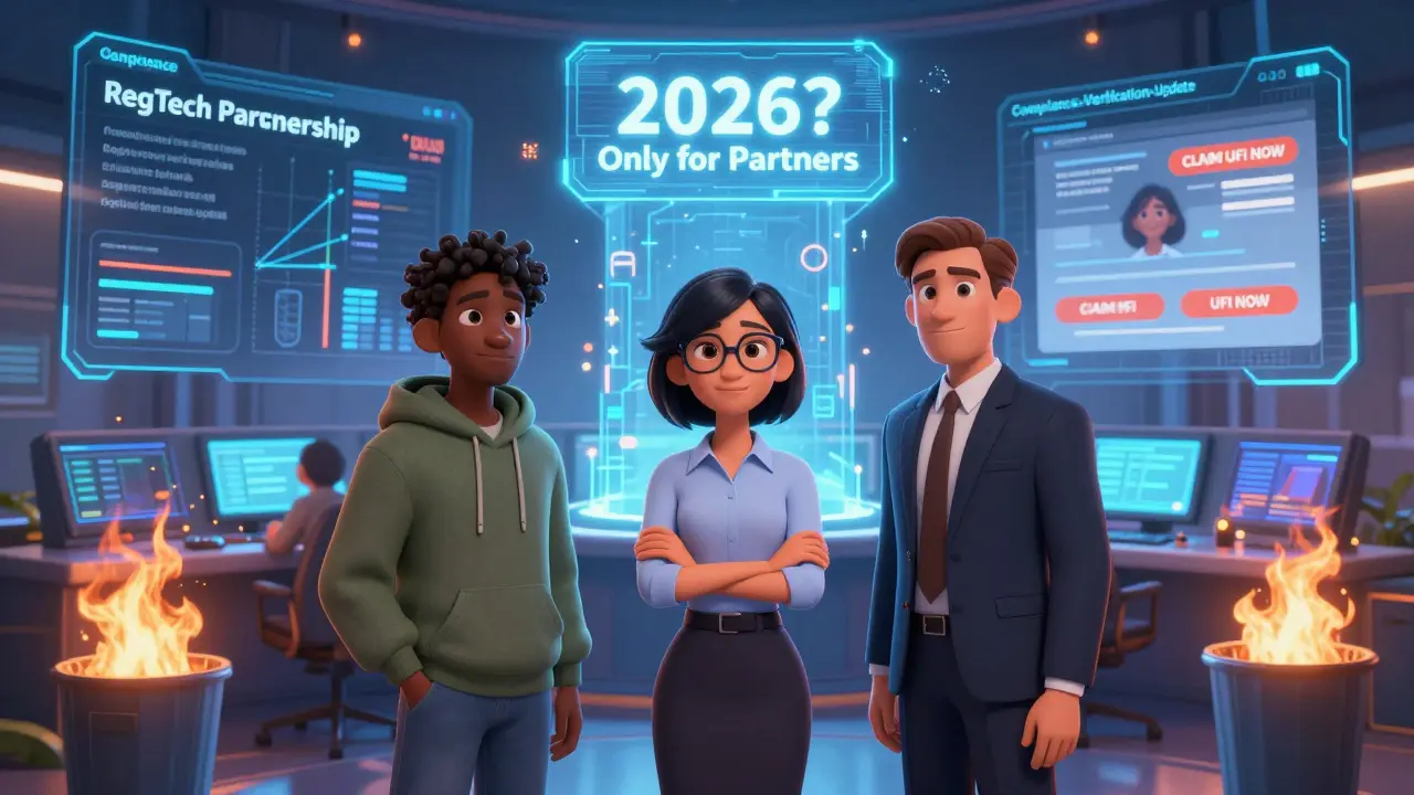 Three professionals stand before a glowing portal labeled '2026? Only for Partners' while scam websites burn in the background.