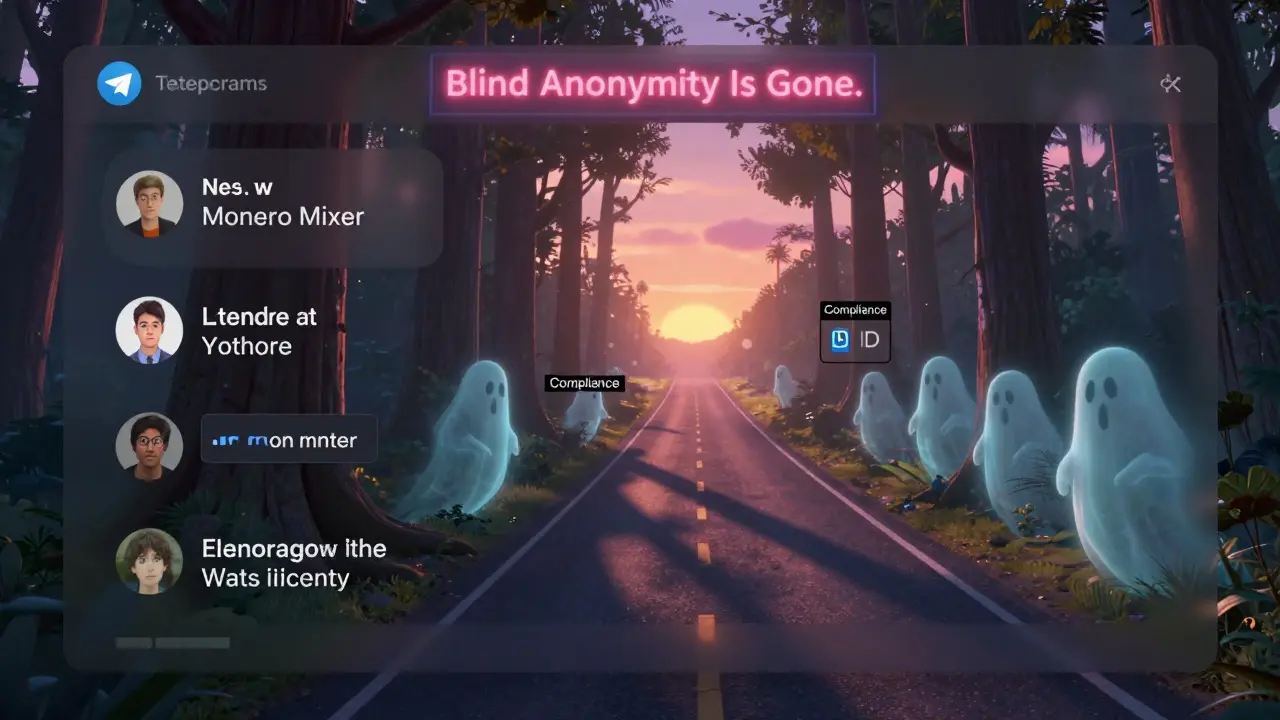 Users vanish from a Telegram chat as a path leads to compliant crypto exchanges under a neon sign.