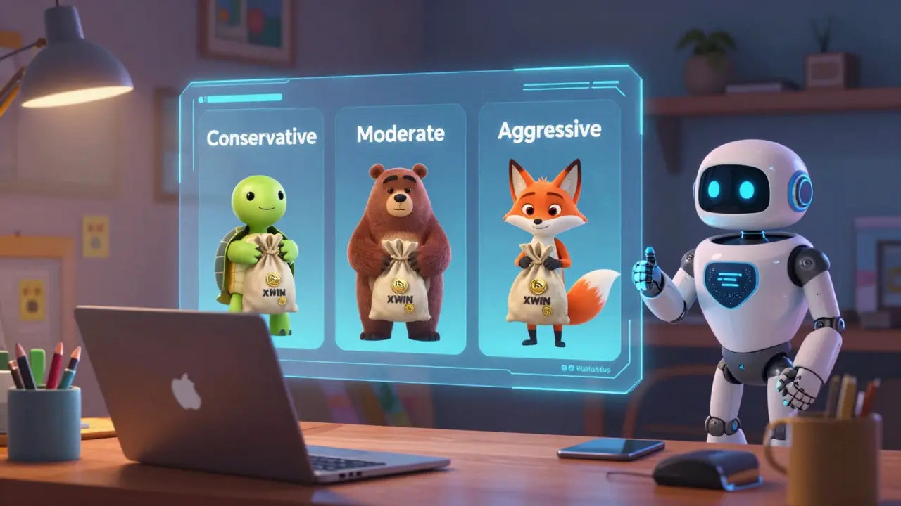 A beginner connects a wallet to a holographic interface showing three animated fund characters: turtle, bear, and fox.