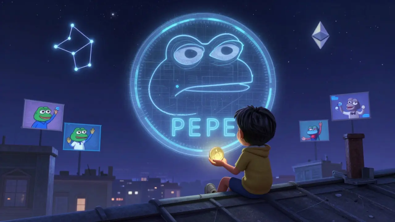 A child gazes at a glowing Pepe coin in the night sky, with constellations forming the frog logo and Ethereum symbols.
