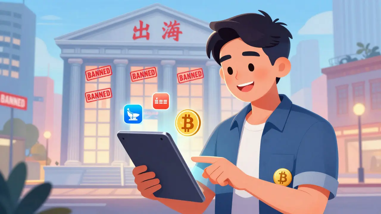 A Chinese expat uses a tablet to view Bitcoin while distant bank buildings are stamped 'BANNED'.