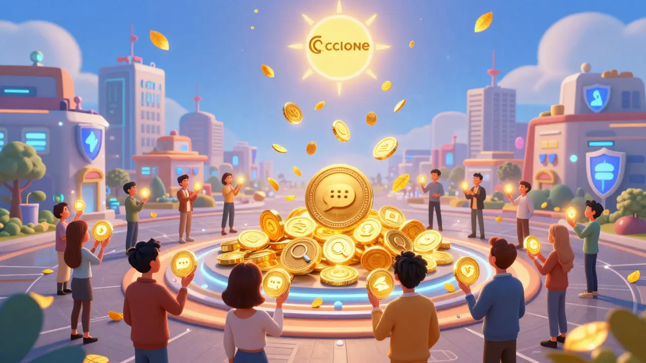 A community celebrates as 1,500 glowing CYC tokens rain down, each symbolizing a participation action like referrals or bug testing.