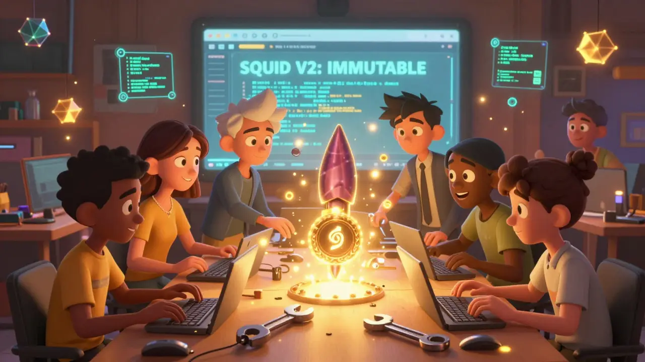 A community of diverse characters repairing a crypto token with glowing code in a hacker den, Pixar-style.