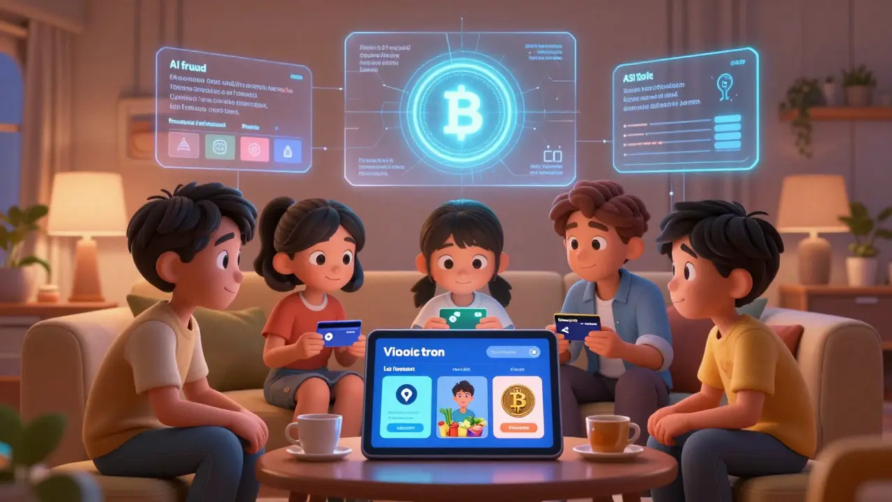 A family uses a single crypto app together to trade, spend, and learn about crypto, with AI and tokenized assets glowing softly in the background.