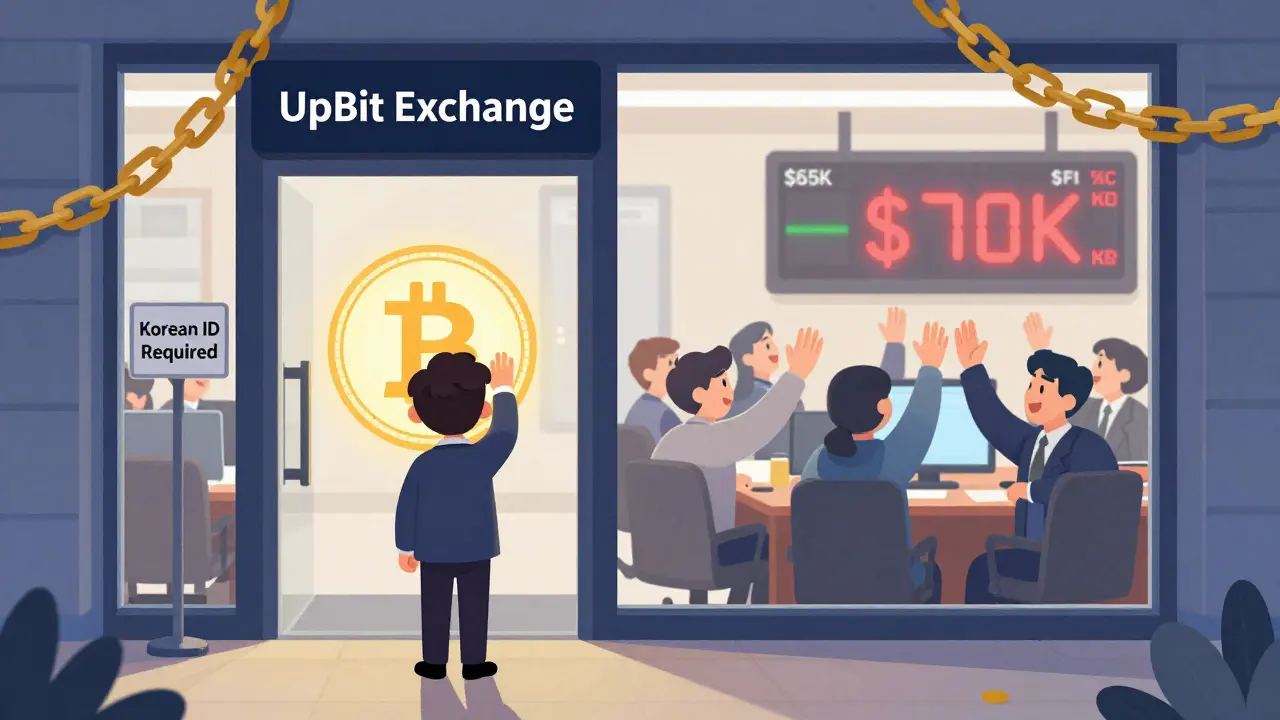 A foreigner peeks through a locked door at a Korean crypto exchange where Bitcoin prices soar.