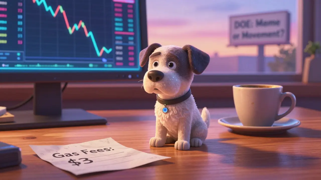 A glowing DOE NFT sits on a desk with gas fee notes, as a falling crypto graph looms outside.