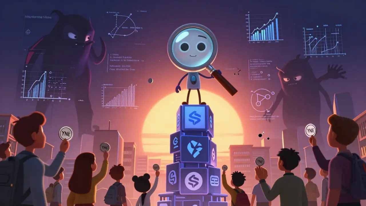 A heroic AI magnifying glass defends science from misinformation monsters on a blockchain tower.