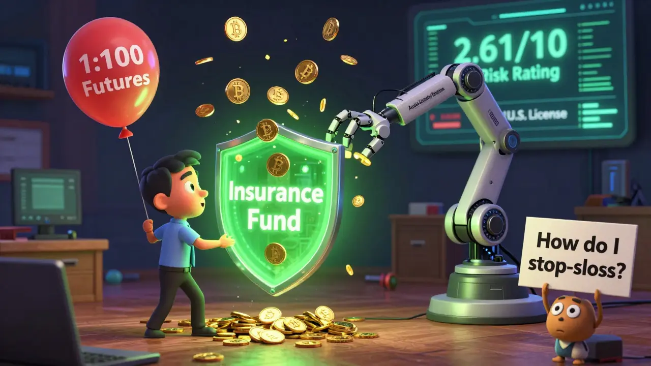A leveraged position explodes as an auto-liquidation engine activates an insurance shield, while a confused new trader watches in shock.