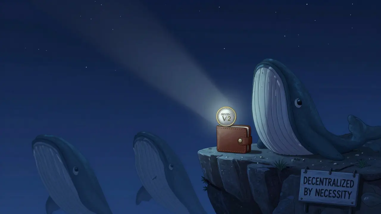 A lone wallet on a cliff holding a glowing SQUID V2 token as whale-shaped shadows loom below, Pixar-style.