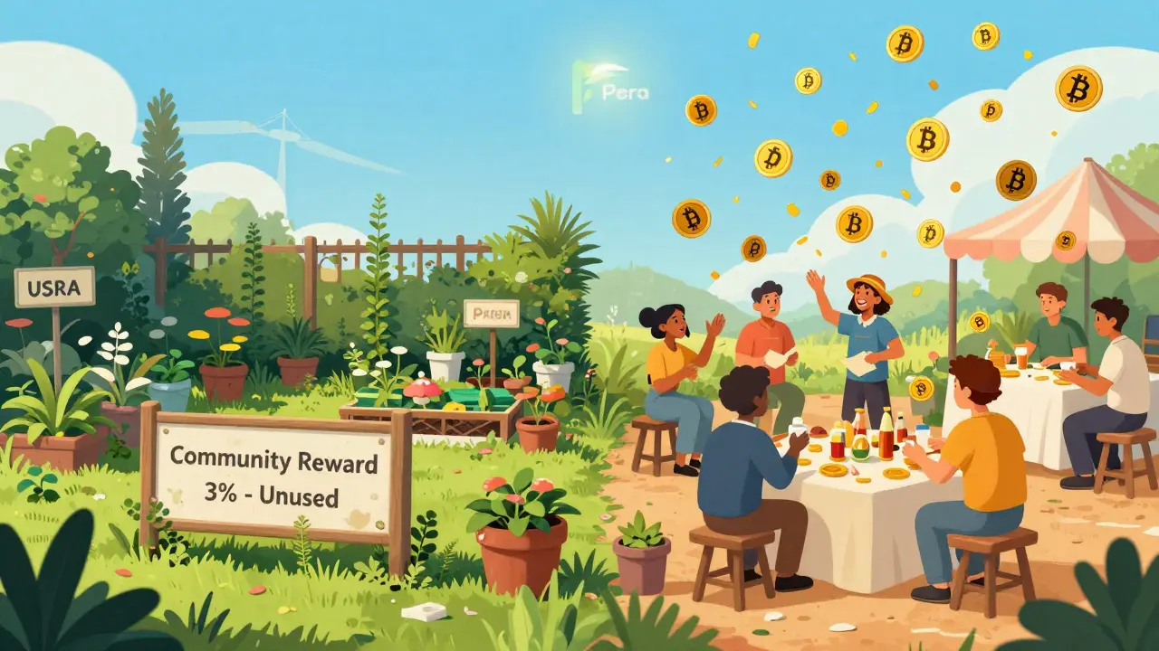 A neglected community reward garden next to a bustling trading hub where PERA tokens rain down.