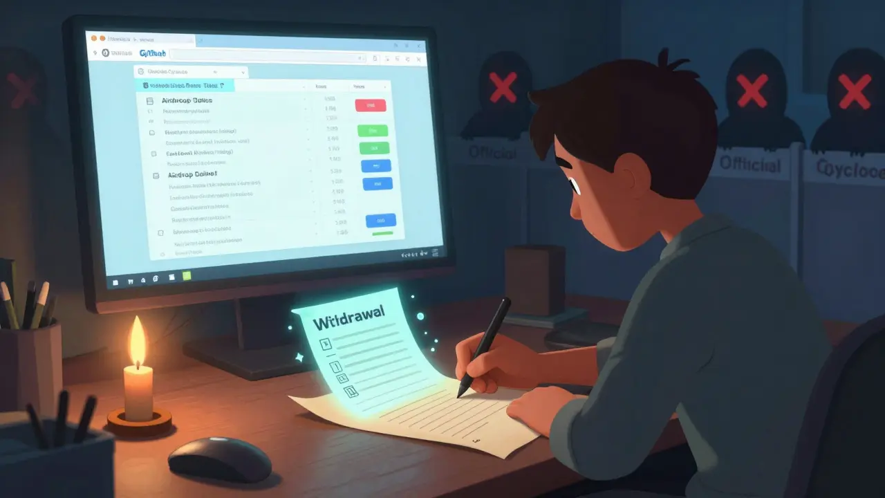 A person writes a cryptographic withdrawal note on paper as a digital note hovers above, with scammer figures blocked by an official barrier.