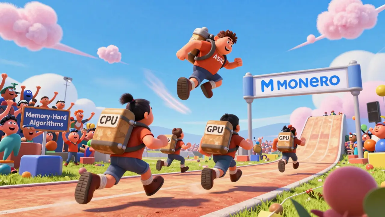 A race with miners on foot vs. one with a jetpack, overcoming algorithm obstacles toward a Monero finish line.