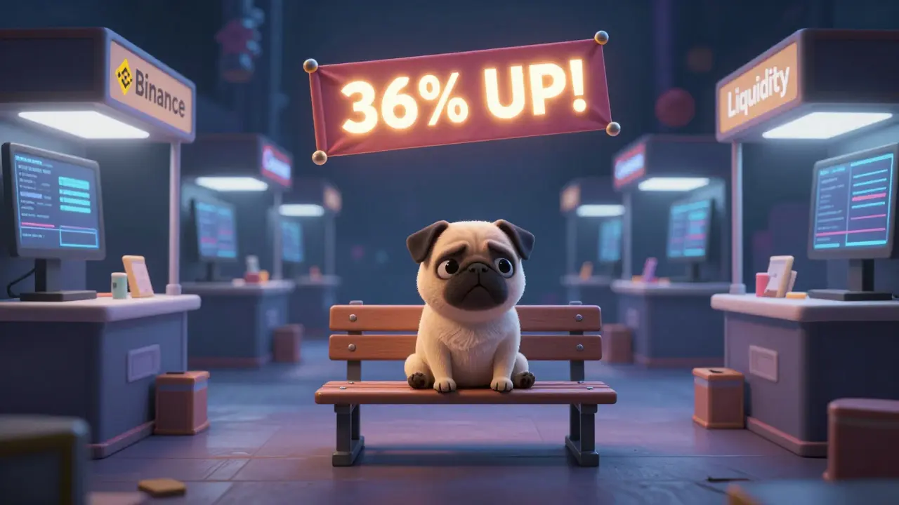 A sad PUG AI dog sitting alone in a deserted crypto marketplace with empty exchange signs.