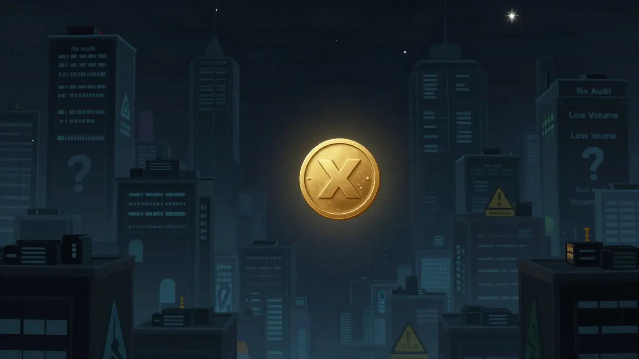 A small XWIN token glows alone in a vast crypto market, surrounded by warnings, while distant DeFi giants tower overhead.