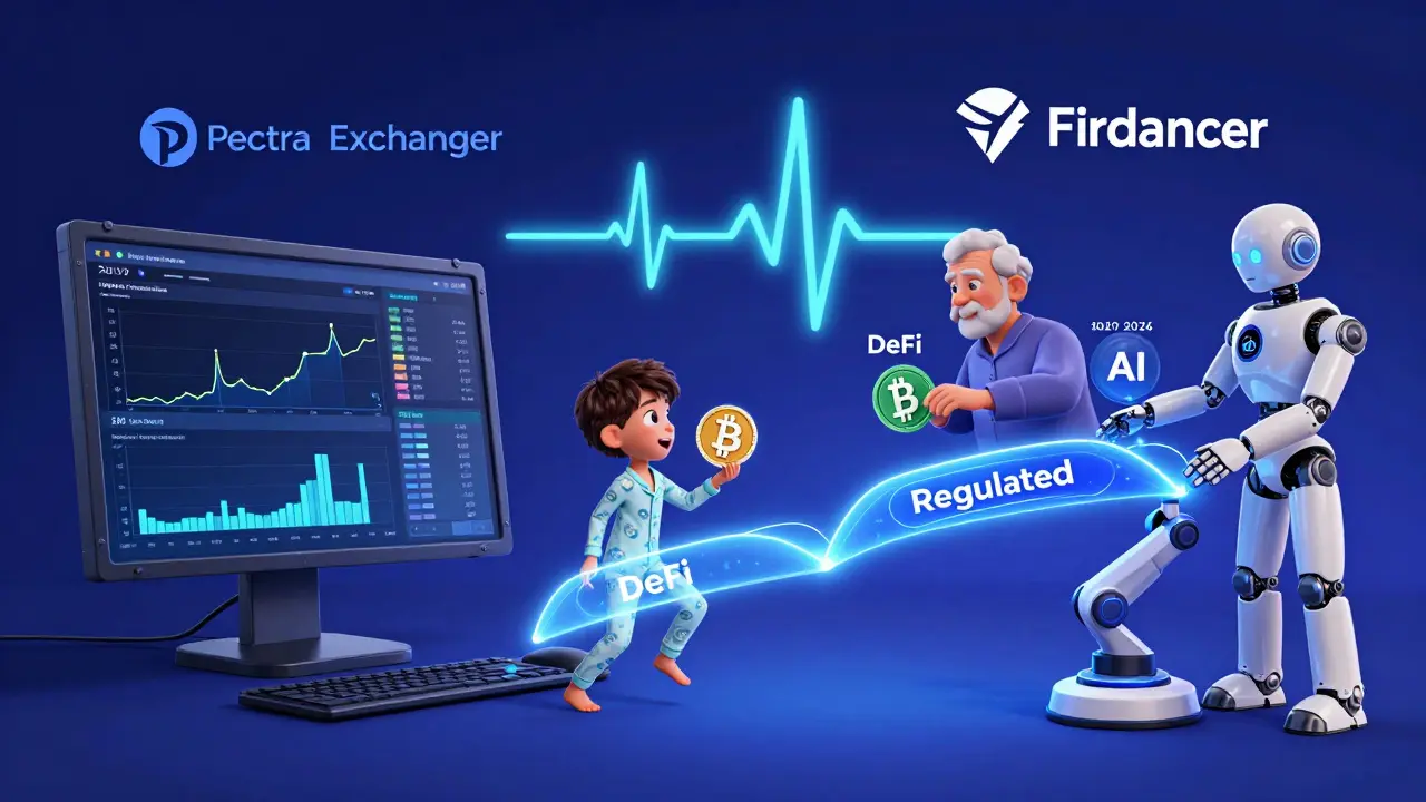 A split-screen illustration showing the evolution of a crypto exchange from a basic 2019 trading screen to a seamless 2026 hybrid platform with DeFi, AI, and regulation integrated.