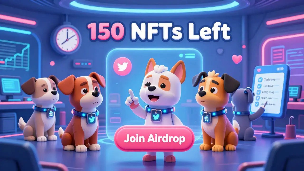 A team of cartoon dogs completes airdrop steps in a high-tech room with a countdown clock.