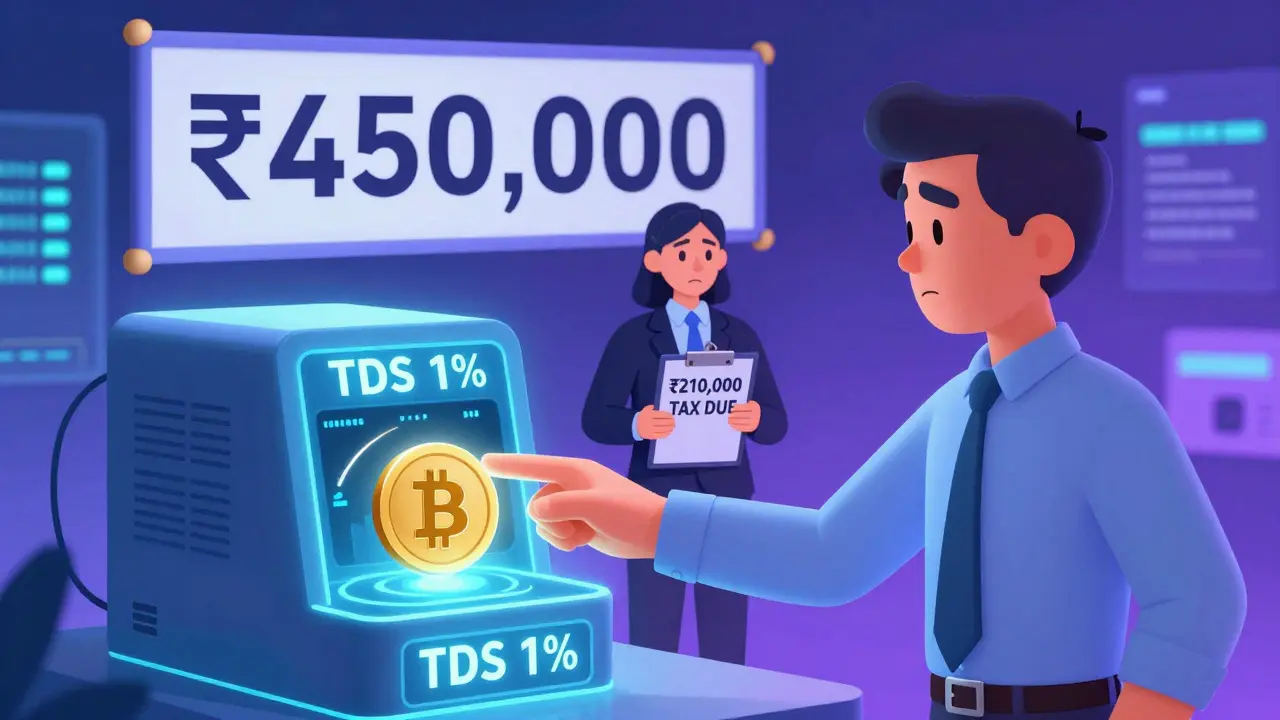 A trader loses money on a crypto swap while a tax collector ignores their loss, in Pixar animation style.