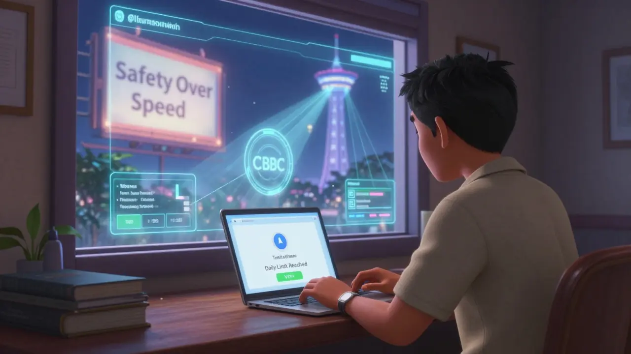 A trader using a VPN to access foreign crypto while a local exchange shows withdrawal limits and CBDC tower in background.