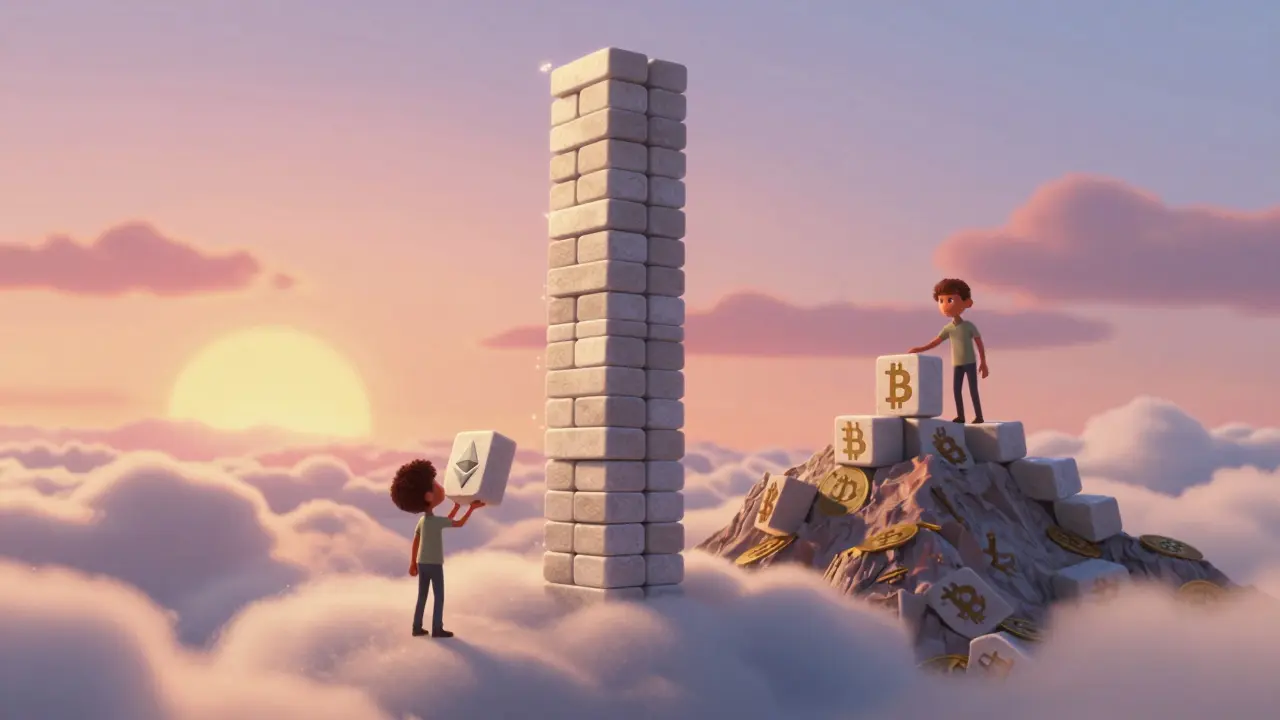 A user holding one Ethereum block beside a towering stack of 50 blocks, contrasting with a Bitcoin user's six-block mountain.