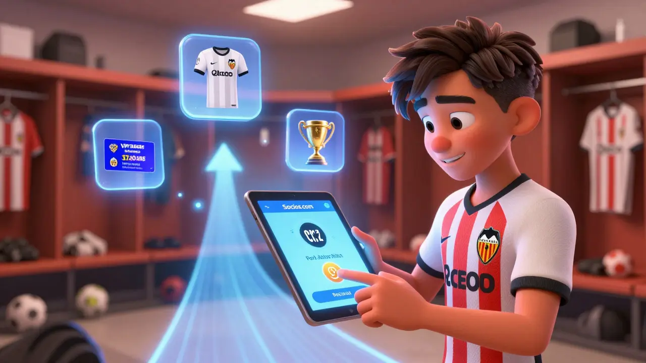 A young fan using a tablet to exchange CHZ for VCF tokens, with perks like a VIP pass and custom jersey floating nearby.