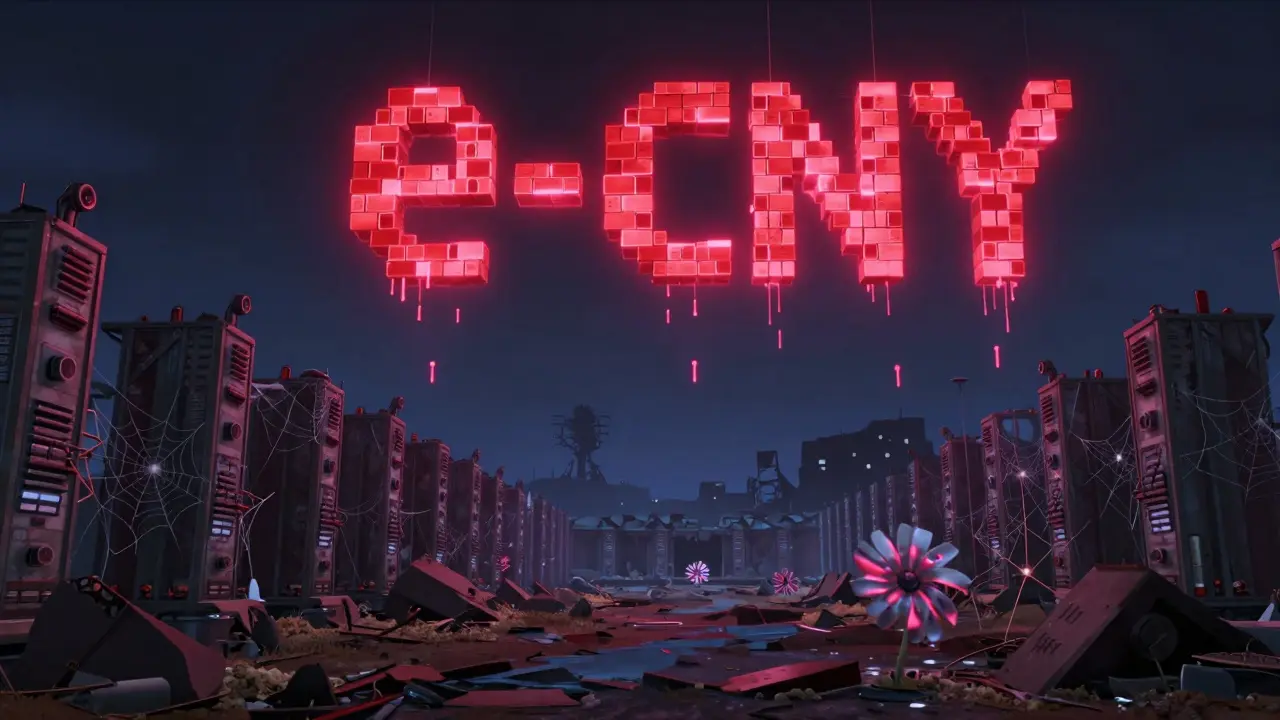 Abandoned Bitcoin mining rigs lie ruined under a glowing Digital Yuan logo descending from the sky.