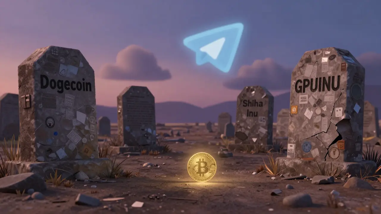 An abandoned crypto graveyard with a fading GPU Inu token rolling away.