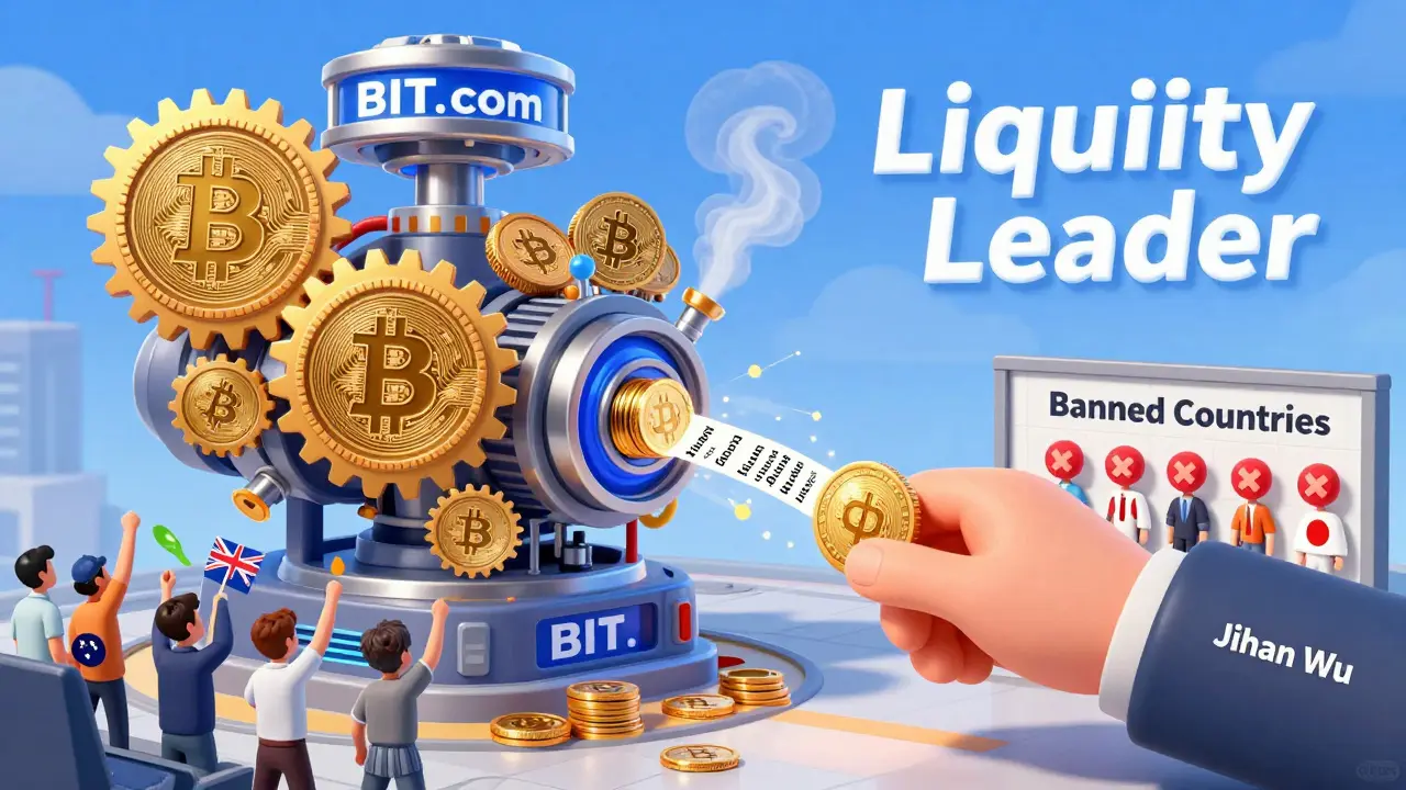 BIT.com trading engine powered by Jihan Wu, with traders from allowed regions celebrating and others blocked by a 'Banned Countries' wall.