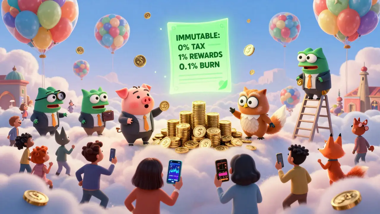 Cartoon animals trade millions of tiny Pepe coins in a whimsical cloud marketplace with glowing smart contract above.