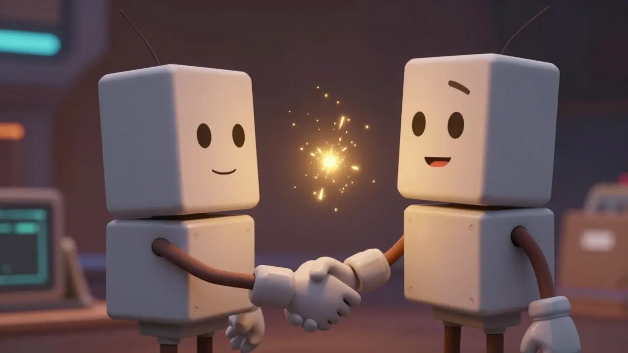 Cartoon data chips shaking hands to form secure digital blocks