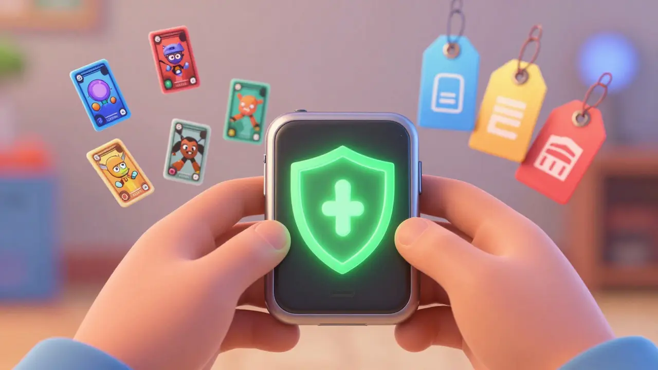 Character holding digital wallet with gaming cards and shopping tags.