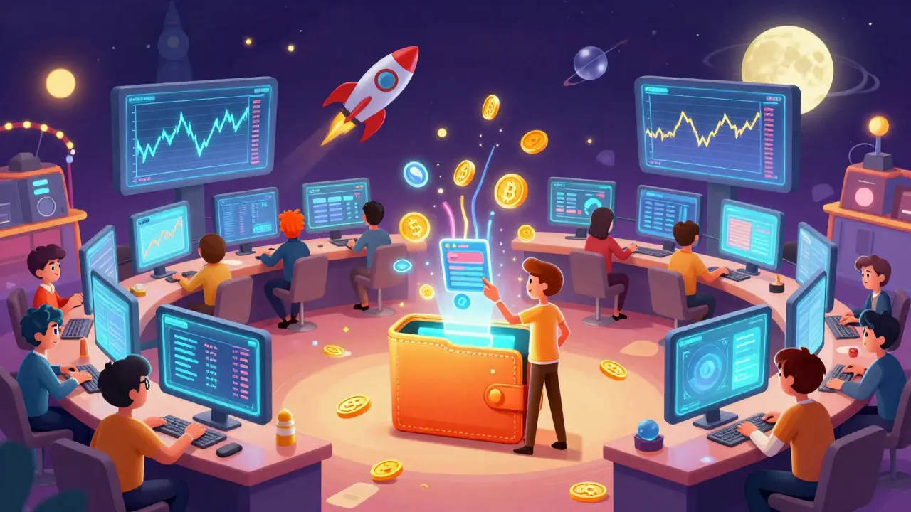 Digital trading floor with animated traders at cryptocurrency exchange